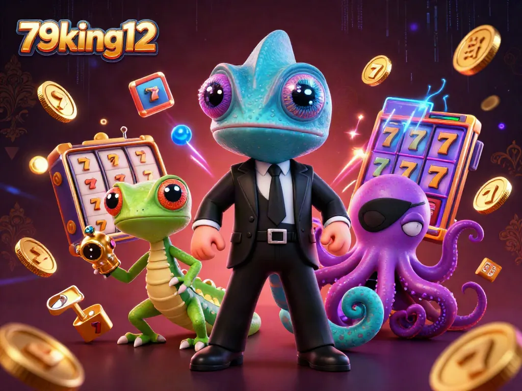 Experience the vibrant world of 79king12 with exciting slot game elements, featuring a dynamic scene with a chameleon secret agent, tech-savvy gecko, and a villainous octopus.