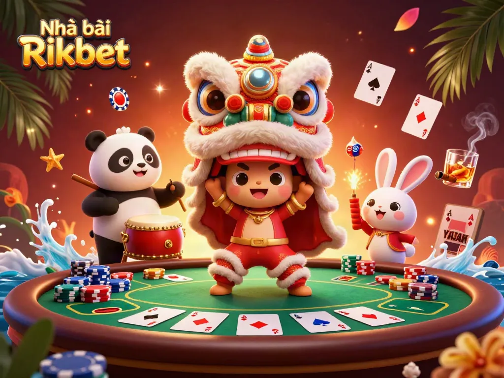 Engage with Nhà cái Rikbet in this vibrant casino-themed 3D illustration featuring dynamic characters.
