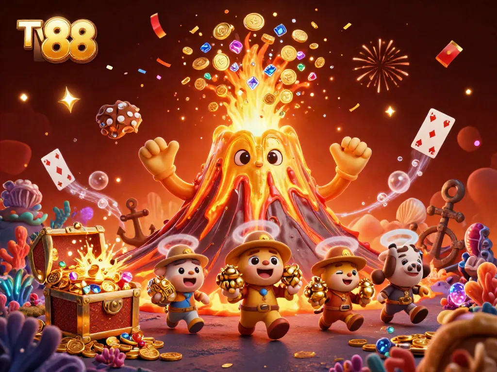 Experience the excitement of TV 88 with a vibrant 3D casino-themed digital illustration featuring a triumphant volcano and treasure.
