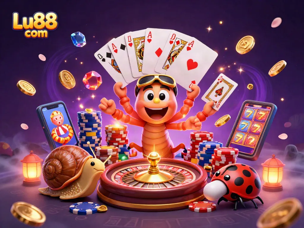Experience thrilling games at Lu88 com with a colorful casino scene featuring vibrant characters and dynamic action.