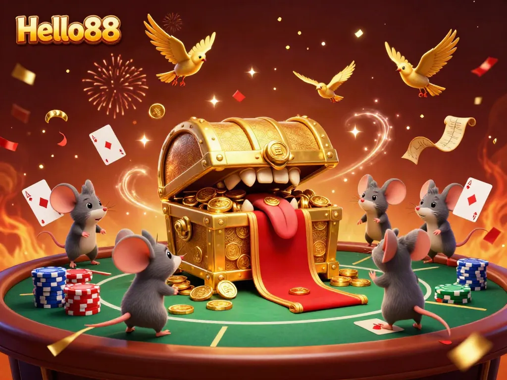 Experience the thrill of the casino with Hello88 as a treasure chest lures adventurers, surrounded by poker excitement.
