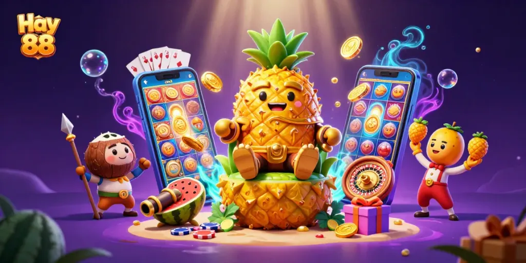Win big at Hay 88 with the golden pineapple king and dynamic casino elements in a vibrant 3D scene.