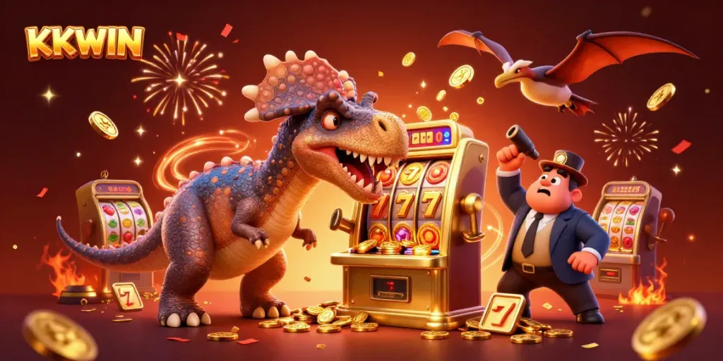 Win jackpots at KKWIN's thrilling slots with a dino and chaotic casino action!