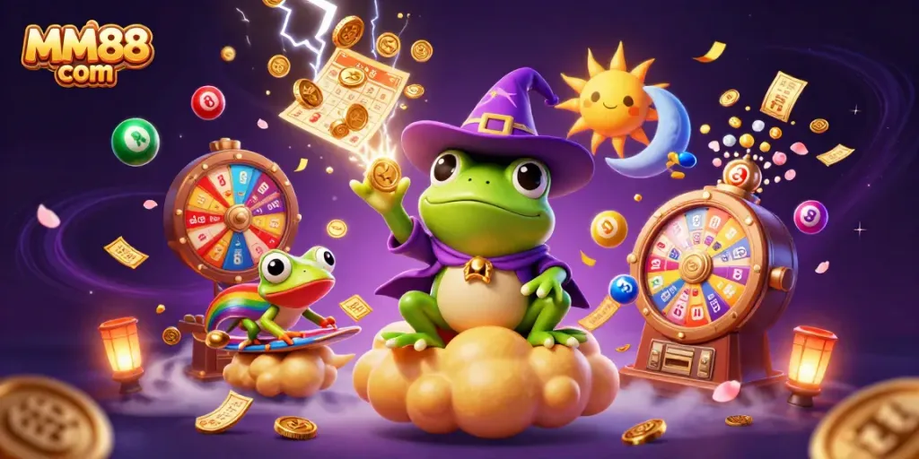 Experience the excitement of MM88 com with a magical illustration of a frog wizard, dynamic lottery elements, and casino imagery.