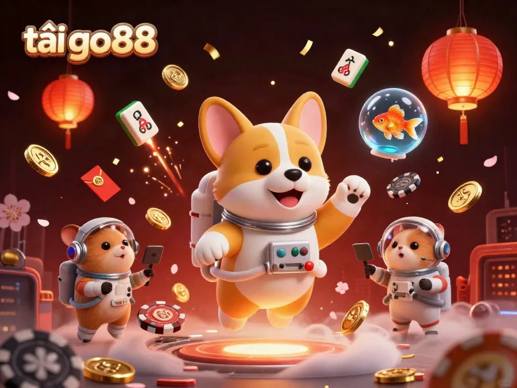 Engage in excitement with tải go88, featuring a floating corgi astronaut amidst sparkling casino elements in space.