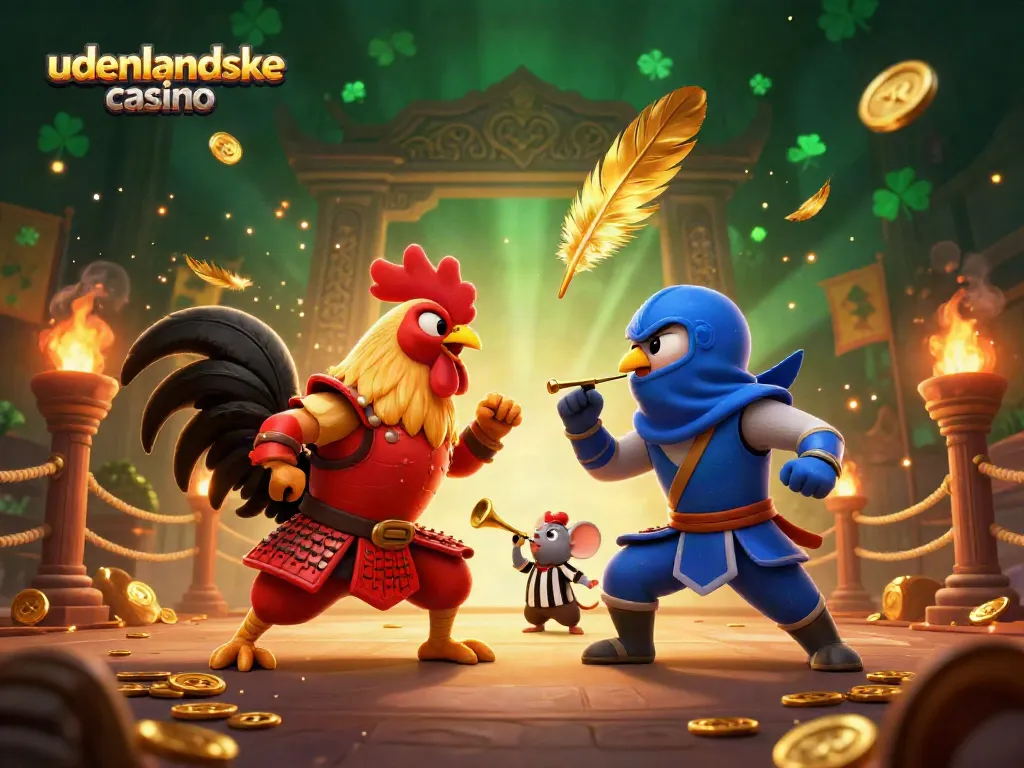 Engage with the excitement of udenlandske casino through this vibrant 3D illustration featuring a dynamic duel of cartoon roosters.