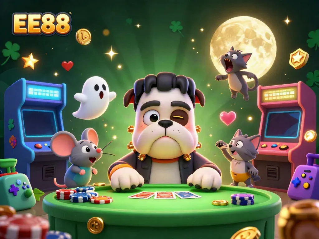EE88 gaming scene featuring the Frankenstein bulldog dealer, ghost mouse, and werewolf kitten, highlighting fun Casino themes.