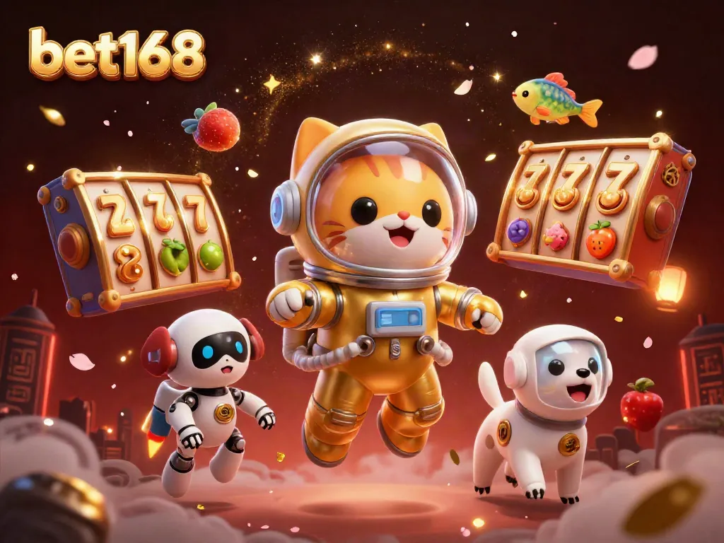 Experience the excitement of bet168 with a dynamic and colorful space-themed casino illustration featuring unique characters and game elements.
