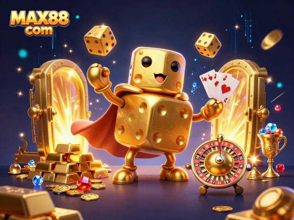 Engage in exciting gameplay with MAX88 com, featuring golden dice golem and casino elements.