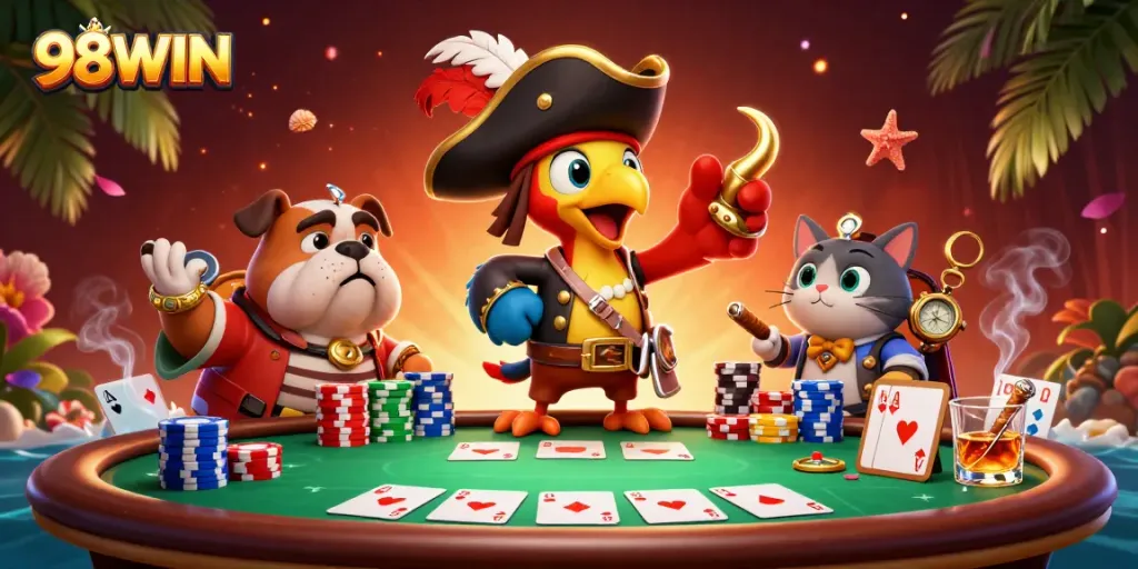 Betting big on 98WIN with a vibrant 3D pirate-themed casino scene full of excitement.