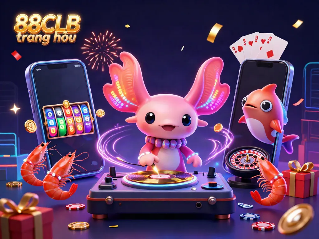 Celebrate with 88CLB trang chủ as an axolotl DJ spins winning vibes at a vibrant undersea casino party.