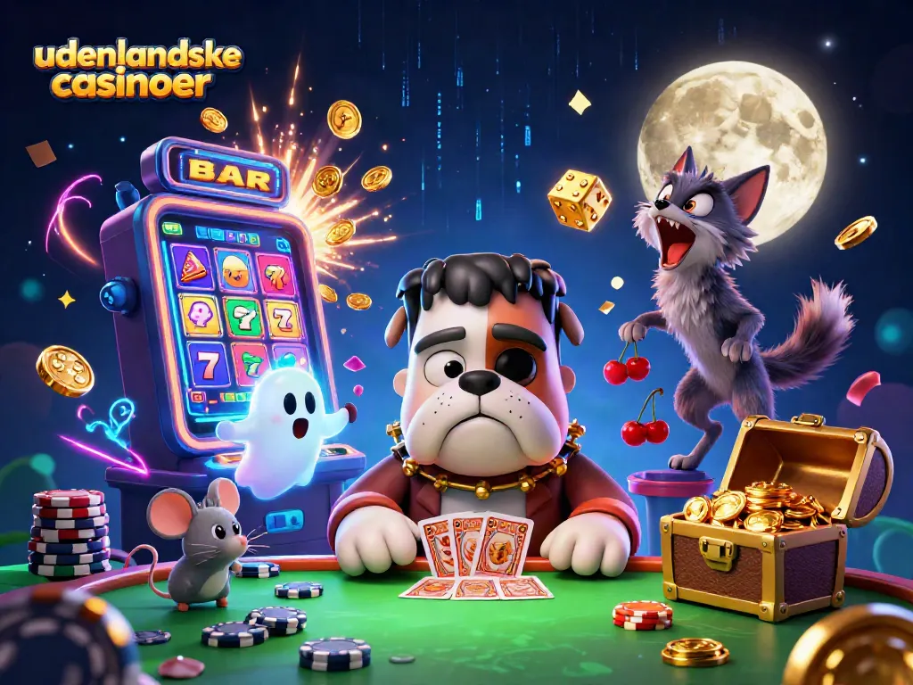 Experience udenlandske casinoer with a dynamic scene featuring a Frankenstein bulldog dealer and casino excitement.