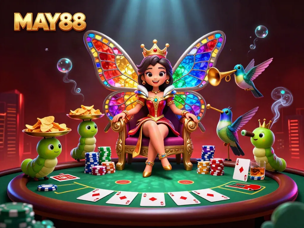 MAY88 brings excitement to online poker with vibrant scenes of animated royalty playing high-stakes games.