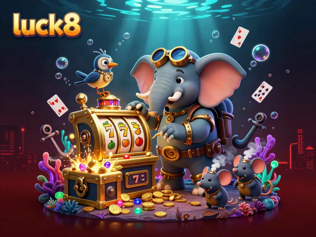 Spin the reels at luck8 with a vivid steampunk slot machine scene full of treasures and winning symbols.