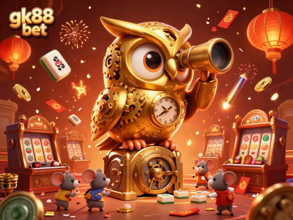 Engage with gk88 bet at a vibrant casino floor featuring a golden owl and whimsical mouse patrons.