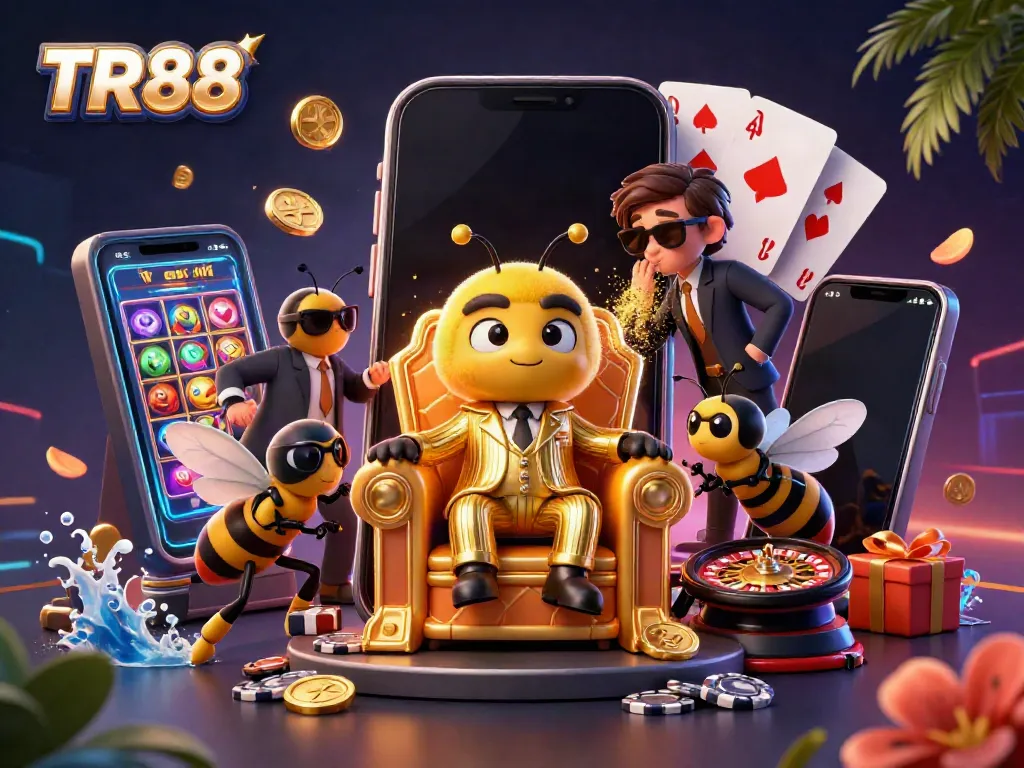 Engage with TR88's vibrant 3D casino scene featuring a bee mob boss and dynamic gambling elements.