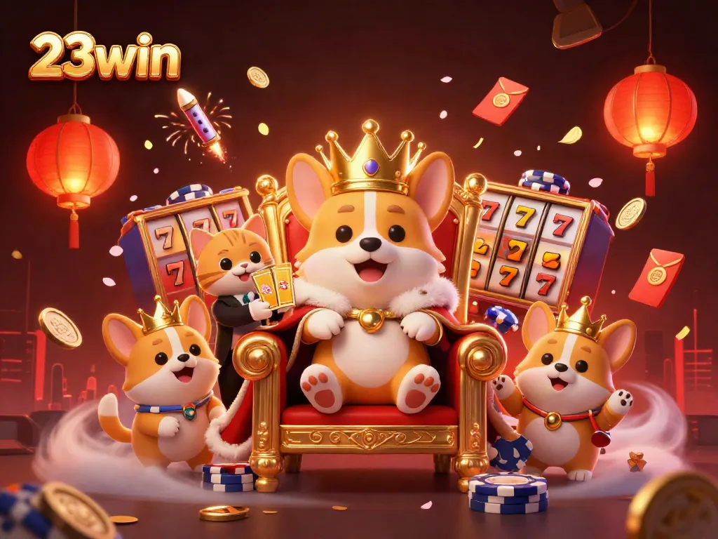 Engage with 23win as a royal corgi on a throne of poker chips amidst vibrant casino elements.