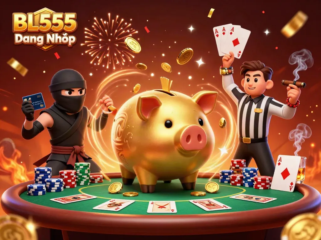 Engage in the excitement of BL555 Đăng Nhập with a dynamic depiction of a gaming showdown featuring cartoon characters and casino elements.