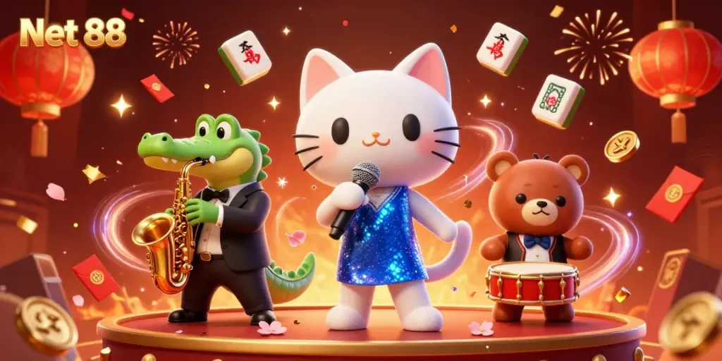Experience the vibrant entertainment of Net 88 with cartoon characters celebrating in a casino.