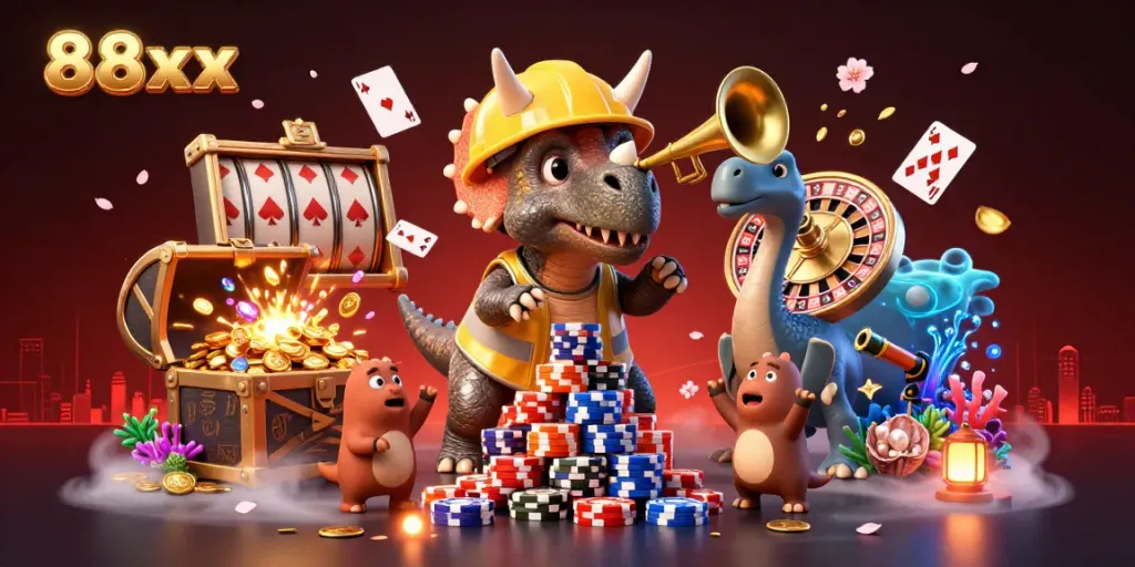 Cheerful 88xx triceratops builds a poker chip pyramid amid vibrant casino elements.