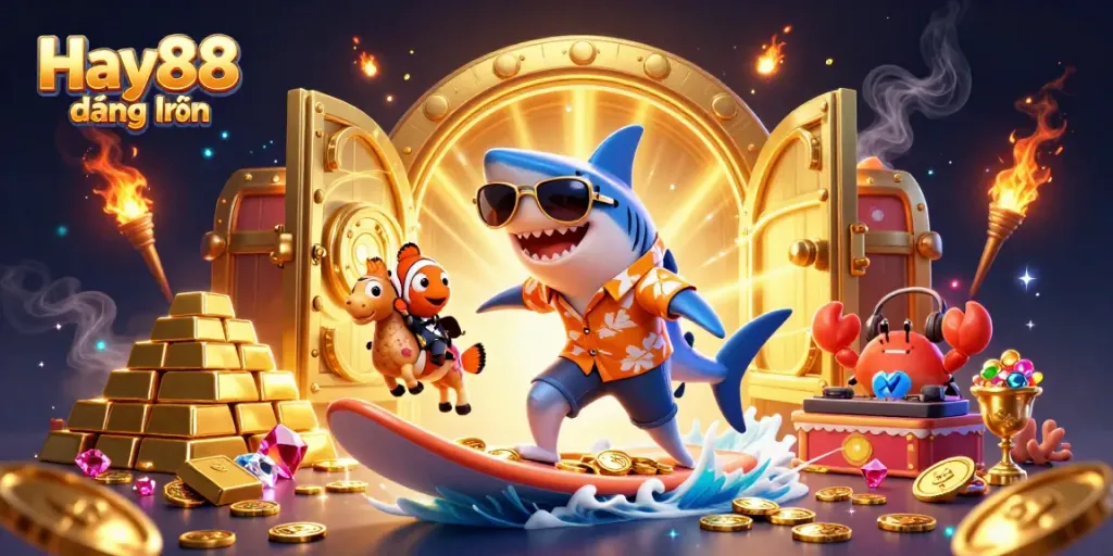 Join the excitement with Hay88 đăng nhập as colorful characters surf through gold coins and treasures in this vibrant casino scene.