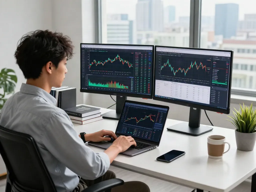 Trader utilisant essor invexaro sur son ordinateur avec des graphiques de marché.