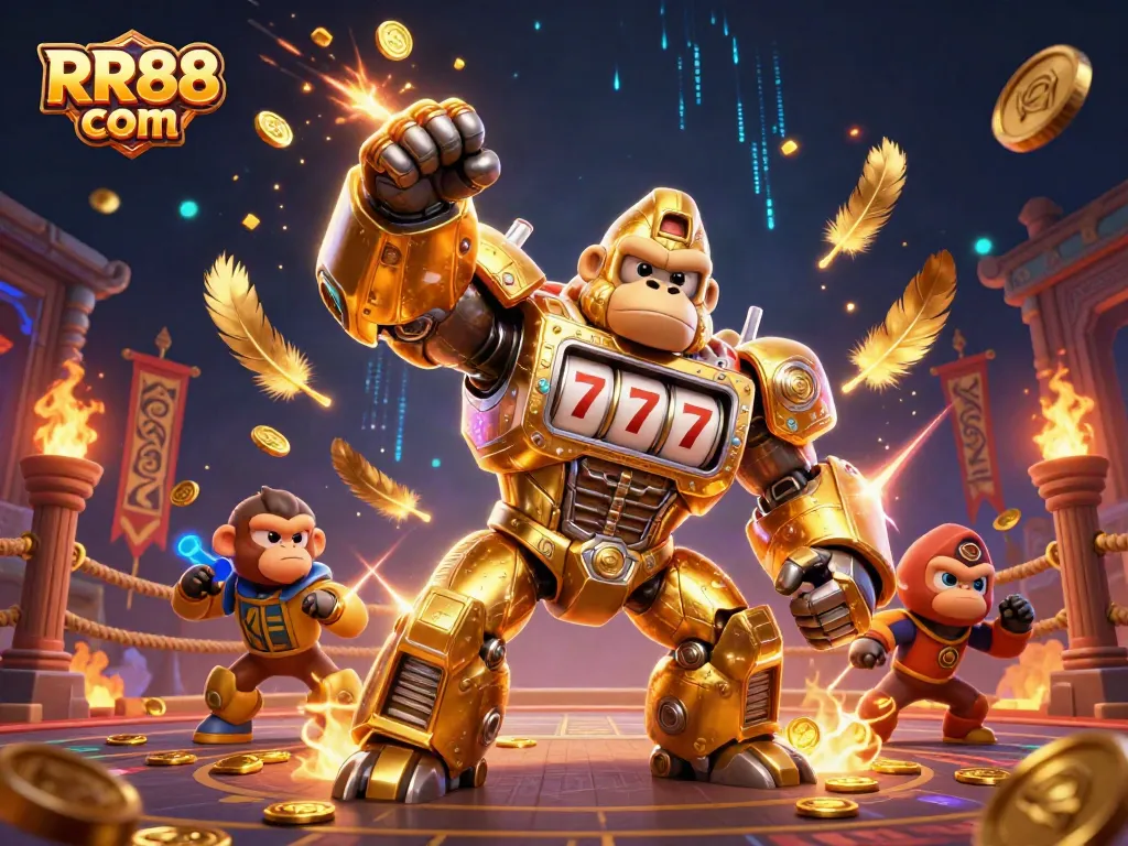 Unleash the excitement at RR88 com with a dynamic 3D casino scene showcasing vibrant golden gorilla mech action.