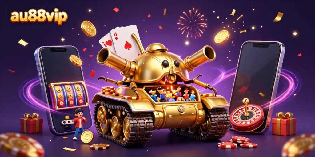 Engage with the vibrant action at au88vip featuring a golden beetle tank revealing a mini casino, ideal for online gambling enthusiasts.
