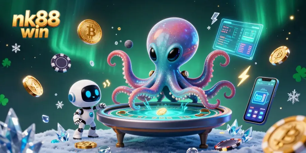 Engage in thrilling gameplay with nk88 win, featuring a cosmic octopus at a holographic poker table.