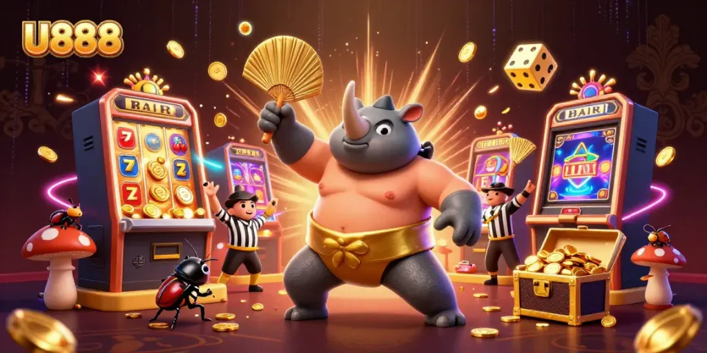 Experience the thrill of U888 with a sumo champion beetle, jackpot, and vibrant casino elements.