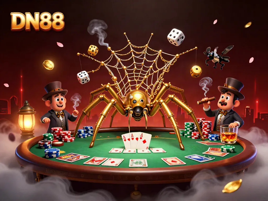 Engage with DN88 as the golden spider ensnares dice, surrounded by vibrant poker elements.