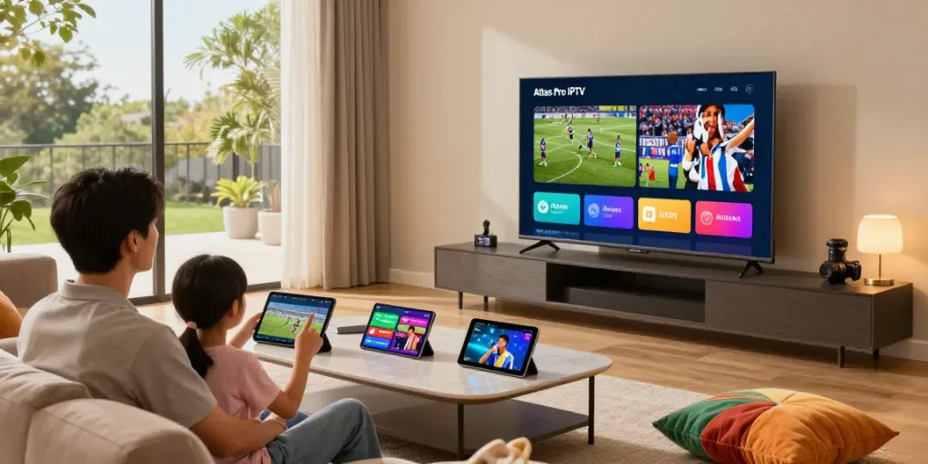 Expérience de divertissement familial avec atlas pro iptv sur Smart TV dans un salon moderne.