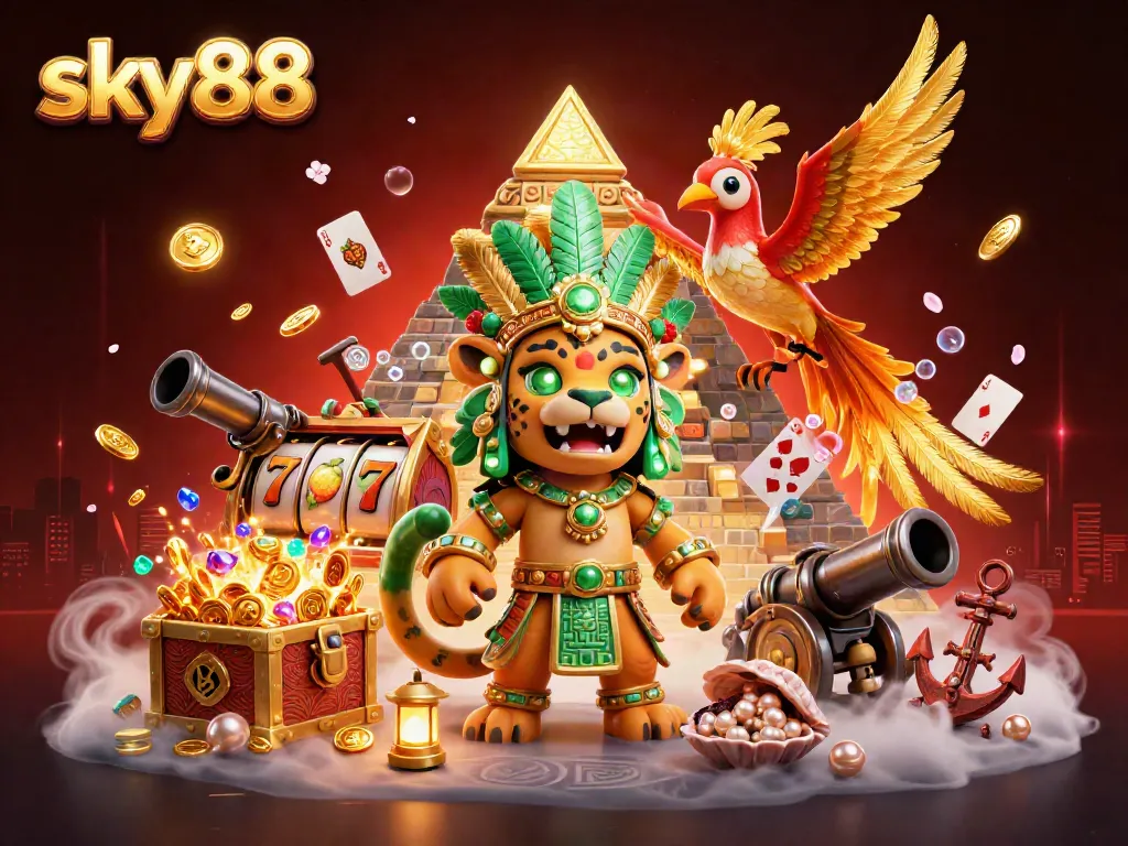 sky88 features a Mayan jaguar priest with casino-themed elements in an exciting gaming scene.