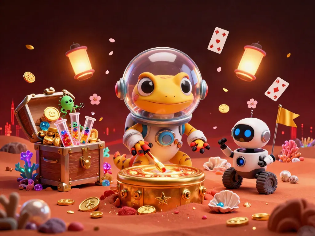 Gavang showcases a Martian gecko exploring a golden casino with treasures and excitement.