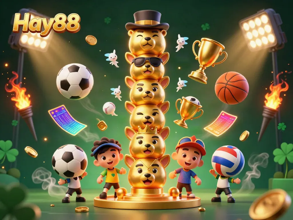 Exciting dynamic scene of Hay88, featuring a golden totem and sports elements, perfect for online gaming.