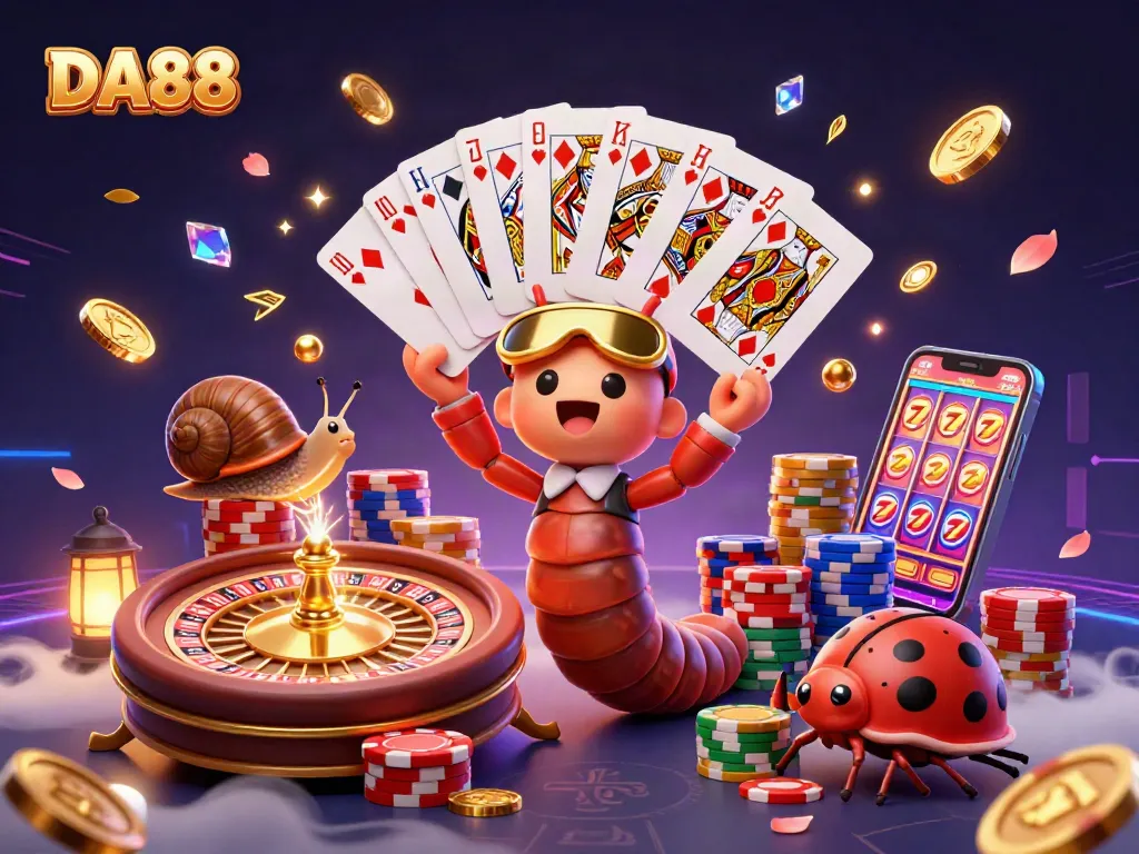 Experience the thrilling world of DA88 with a vibrant 3D casino scene featuring colorful gaming elements and fun characters