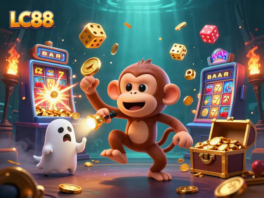 Engage with LC88's dynamic gaming experience featuring a playful poltergeist monkey in a haunted casino.