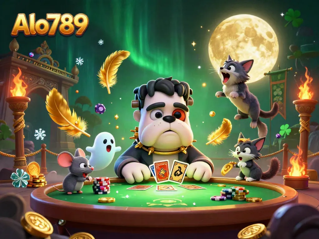 Alo789 brings excitement and thrills in a spirited casino environment featuring unique characters, chips, and vibrant visuals.