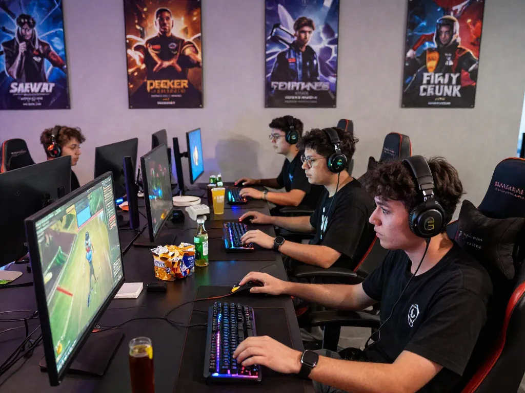 Mọi người chơi game trực tuyến tại không gian hiện đại với f168, màn hình sáng rực cùng với ánh sáng RGB hấp dẫn.