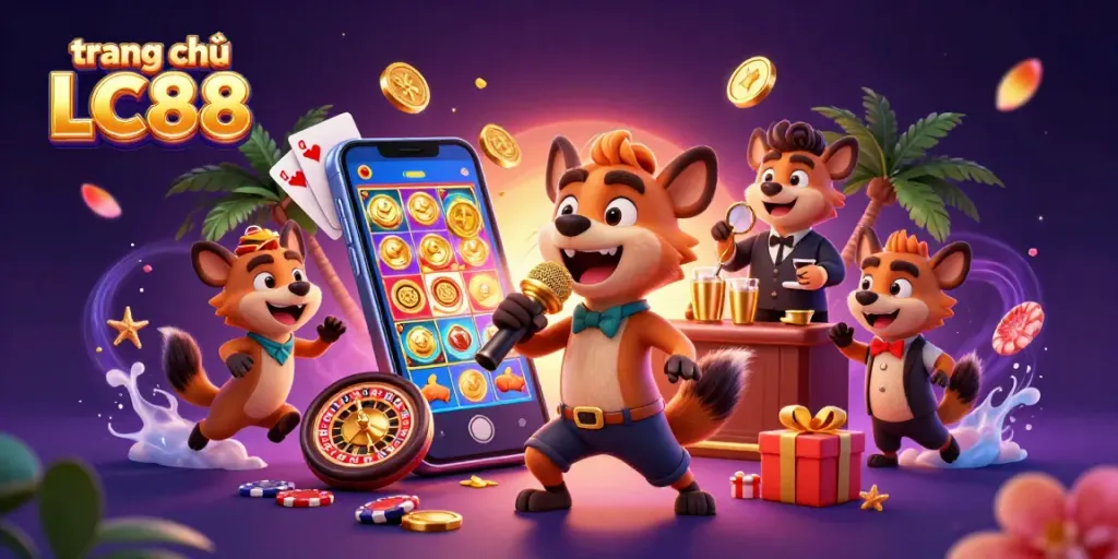 Engage in thrilling gaming at trang chủ LC88's vibrant casino scene featuring unique hyena characters.