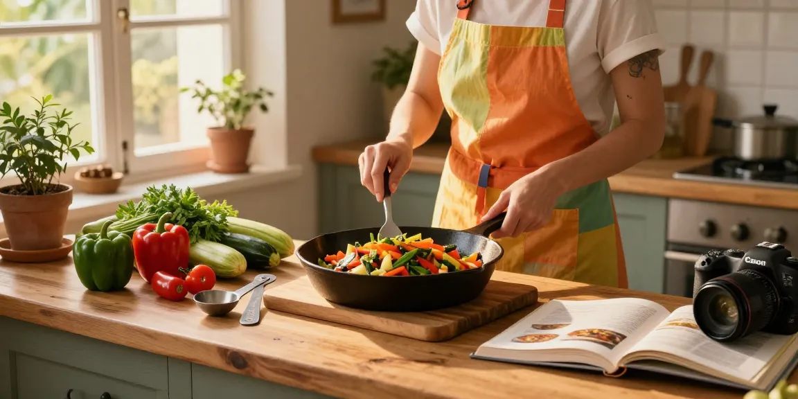 Préparation de recettes de cuisine avec des ingrédients frais et colorés dans une cuisine lumineuse.