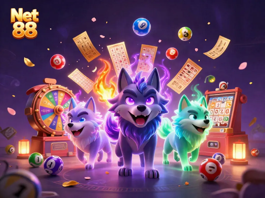 Engage in thrilling gameplay at Net 88 with dynamic lottery elements and ghostly wolf characters illuminating the fun.