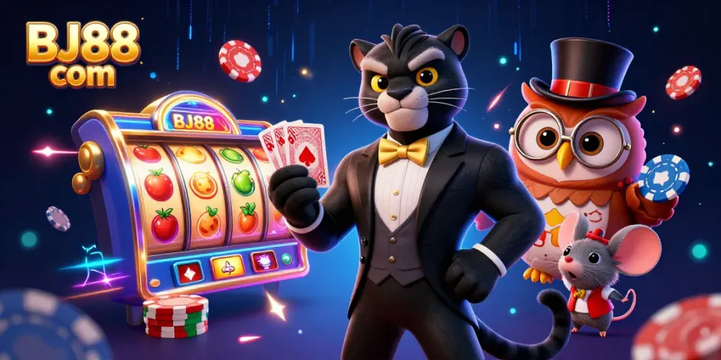 Experience the thrill of BJ88 com with stylish characters and slot machines in a vibrant casino scene.