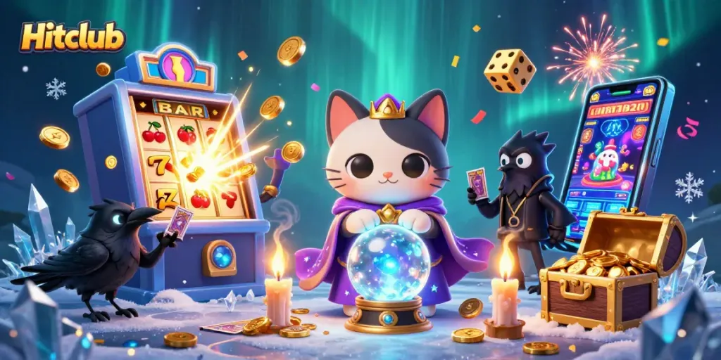 Experience thrilling gaming at Hitclub with vibrant illustrations of jackpot adventures and mystical characters.