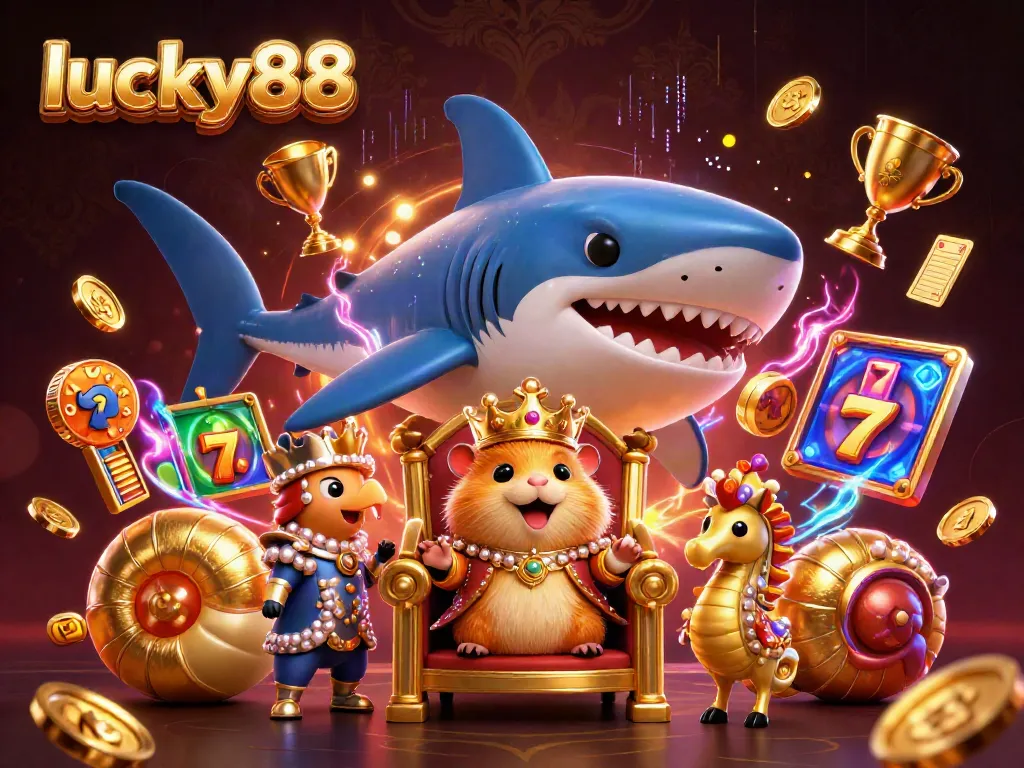 Win big with lucky88 as a fierce hamster king rules over riches in this vibrant casino illustration.