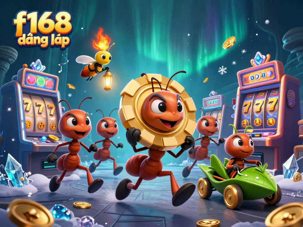 Engage with f168 đăng nhập to enter a lively 3D casino heist scene with cartoon ants and vibrant gaming elements.