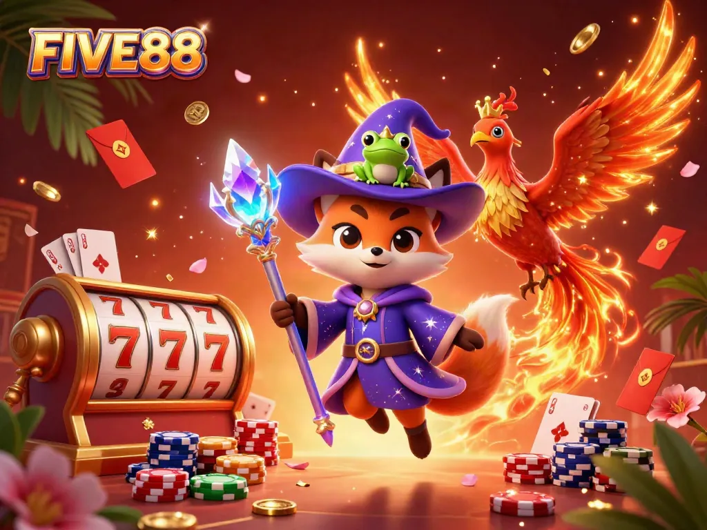 Experience the thrill of FIVE88 with a vibrant casino-themed illustration featuring magical characters and slot reels.
