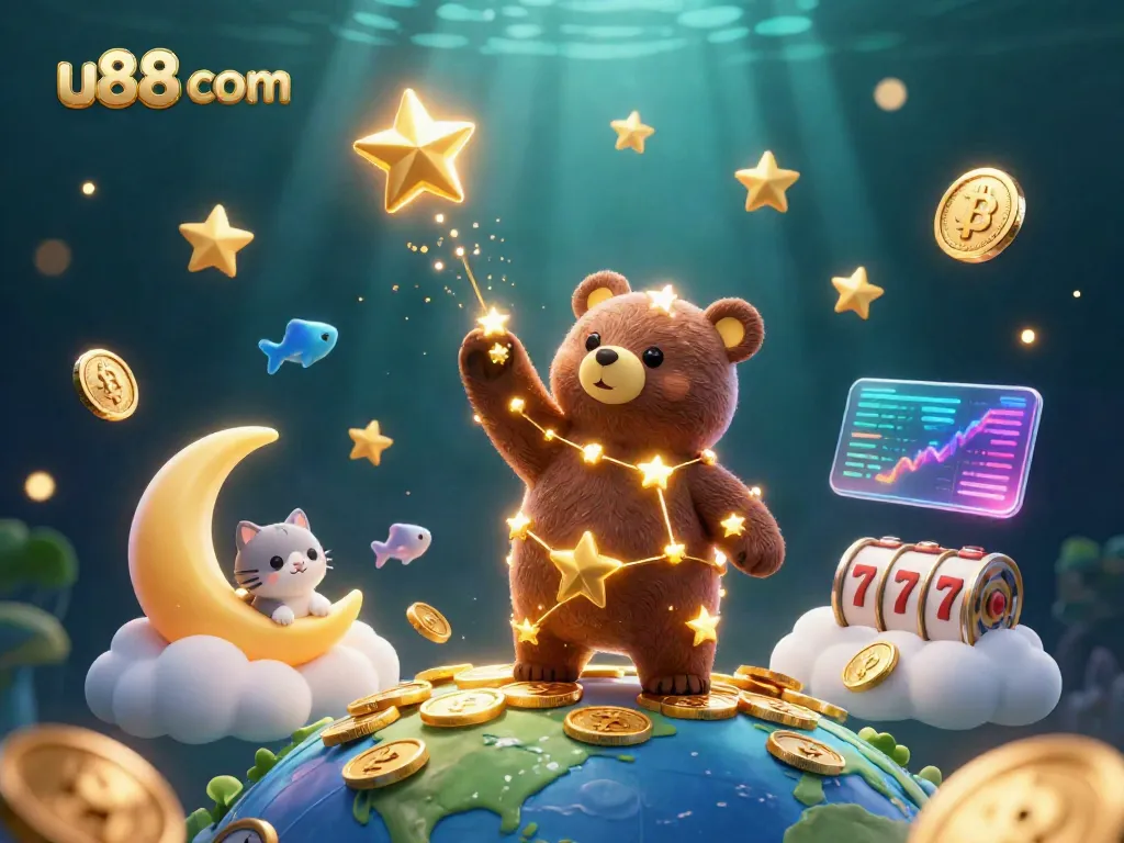 Engage with thrilling possibilities at u88 com while watching a constellation bear scoop coins amidst a vibrant gaming scene.
