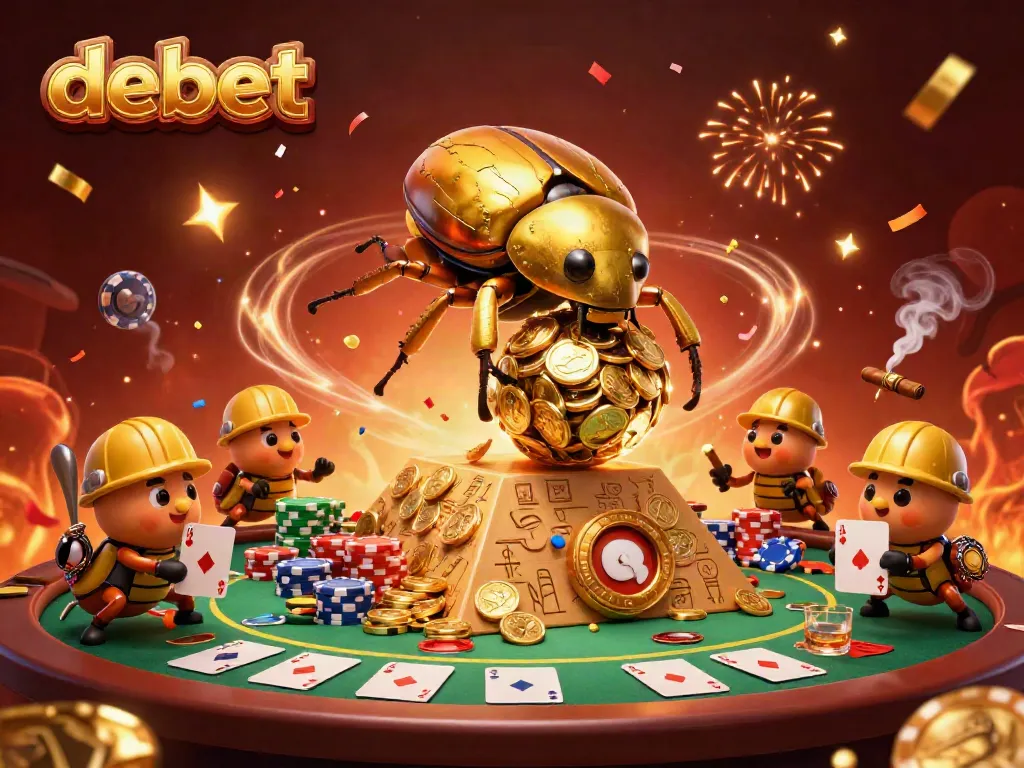 Win big at debet with colorful casino elements around a golden beetle scene.