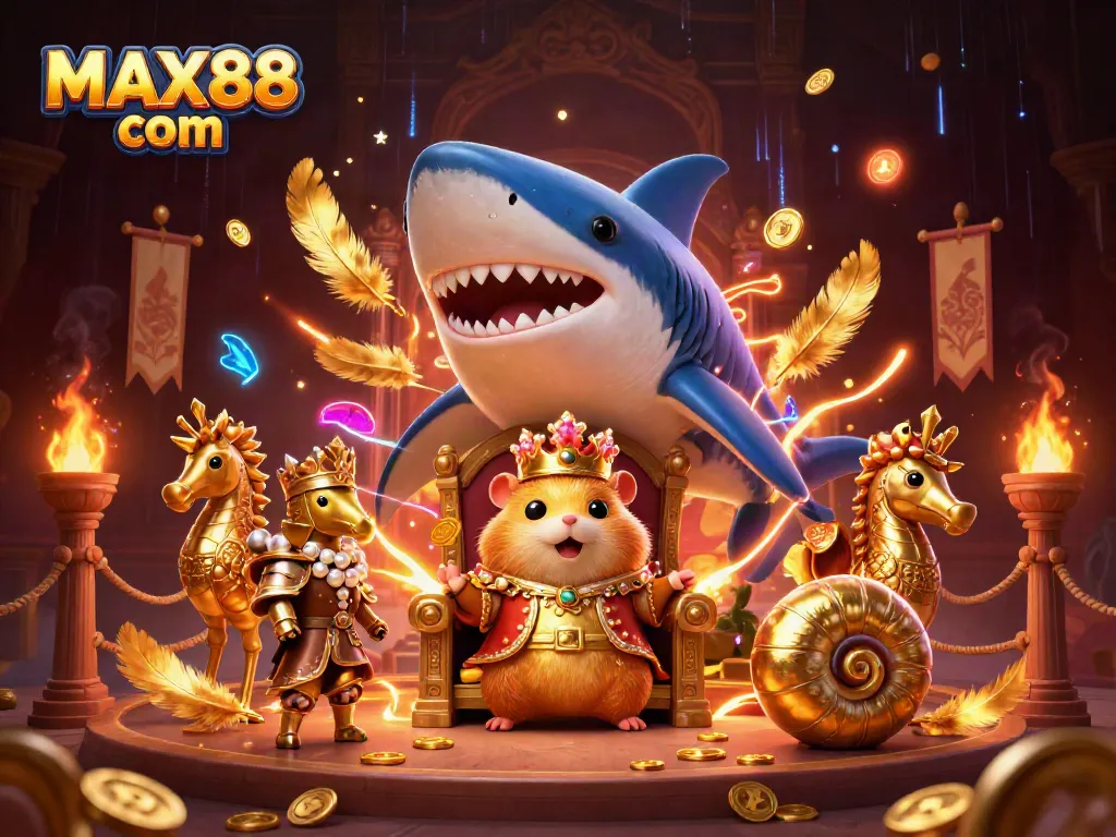 Experience the thrill of gaming at MAX88 com while a tiny golden hamster king commands a sea of riches in a vivid casino realm.